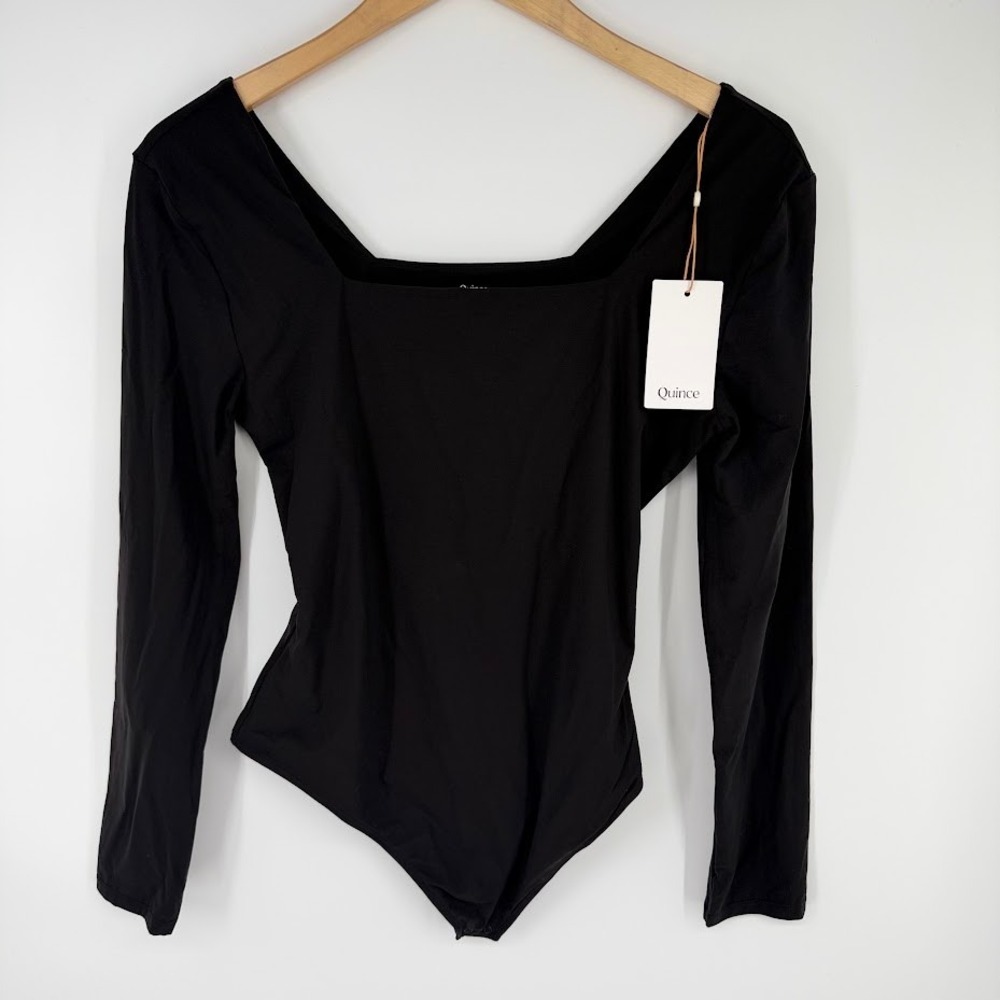 NEW Quince Second Skin Square Neck Long Sleeve Bodysuit XL Black Stretch Capsule